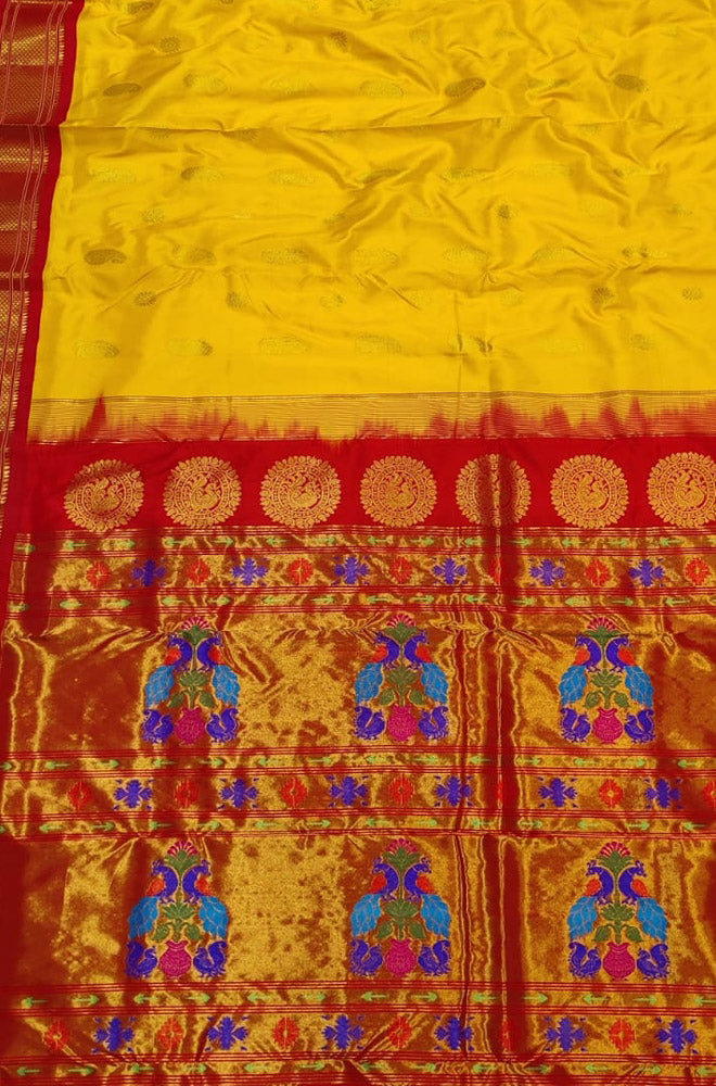Yellow Handloom Paithani Pure Silk Peacock Design Saree - Luxurion World