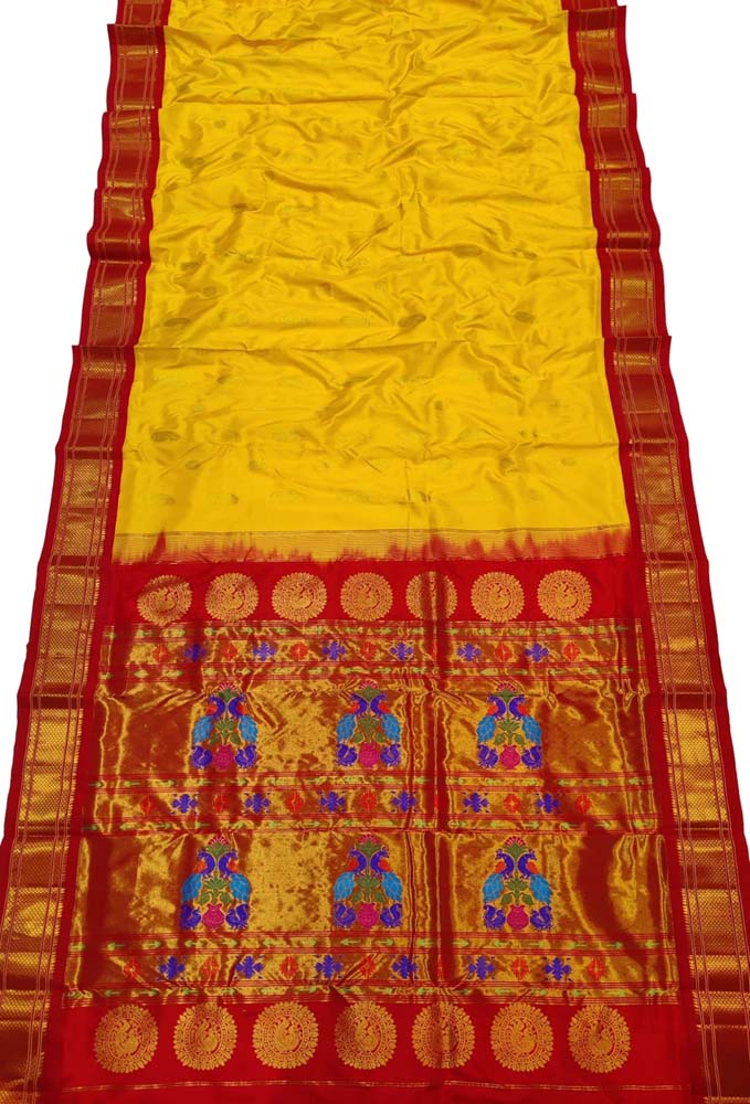 Yellow Handloom Paithani Pure Silk Peacock Design Saree - Luxurion World