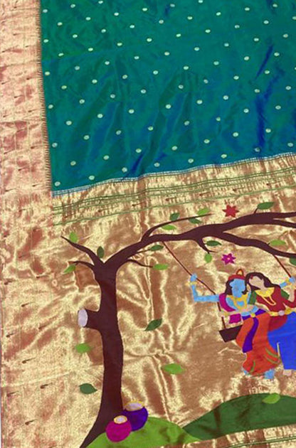 Green Handloom Paithani Pure Silk Triple Muniya Border Radha Krishna Design Saree - Luxurion World