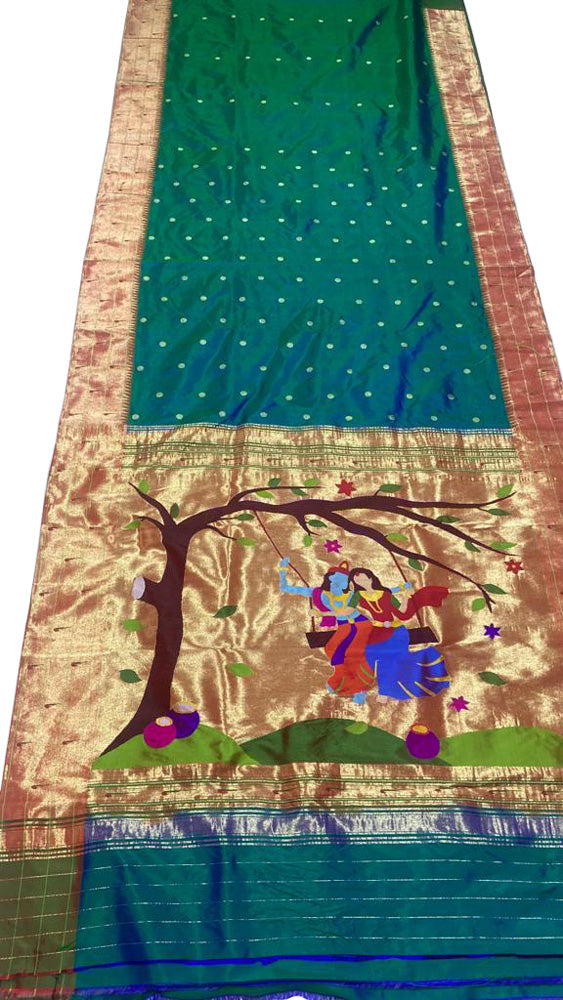 Green Handloom Paithani Pure Silk Triple Muniya Border Radha Krishna Design Saree - Luxurion World