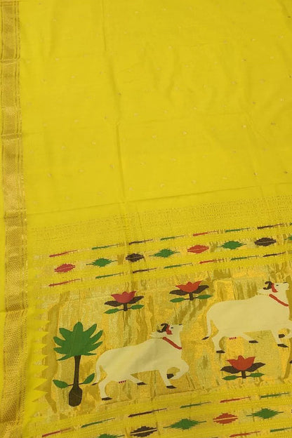 Yellow Handloom Paithani Pure Cotton Cow Design Saree - Luxurion World