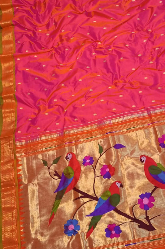 Pink Handloom Paithani Pure Silk Saree - Luxurion World