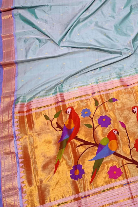 Blue Handloom Paithani Pure Silk Saree - Luxurion World