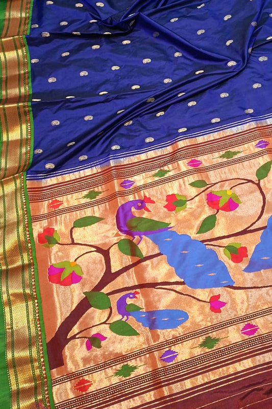 Blue Handloom Paithani Pure Silk Saree - Luxurion World