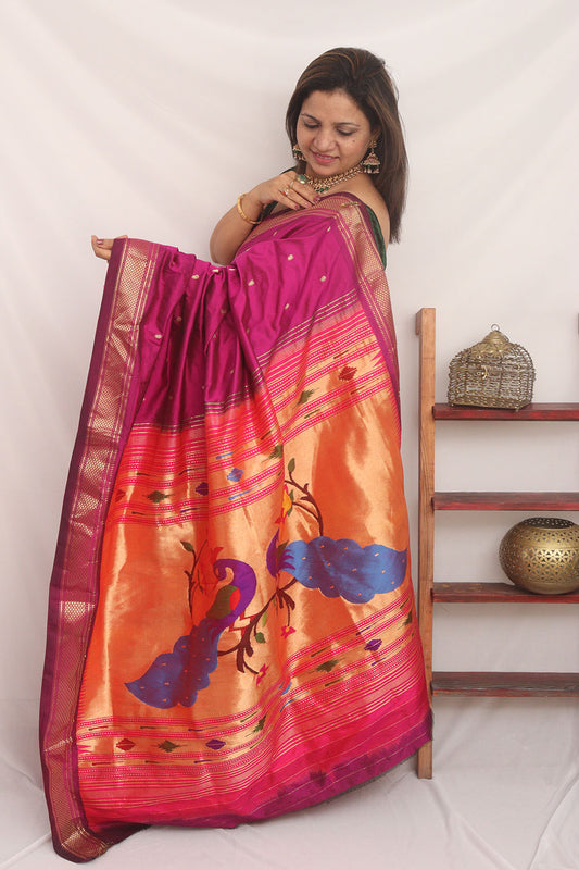 Purple Handloom Paithani Pure Silk Triple Muniya Border Peacock And Floral Design Saree - Luxurion World