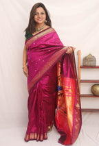 Purple Handloom Paithani Pure Silk Triple Muniya Border Peacock And Floral Design Saree - Luxurion World