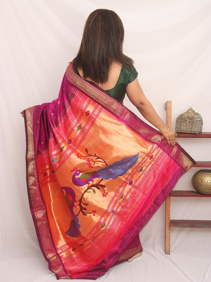 Purple Handloom Paithani Pure Silk Triple Muniya Border Peacock And Floral Design Saree