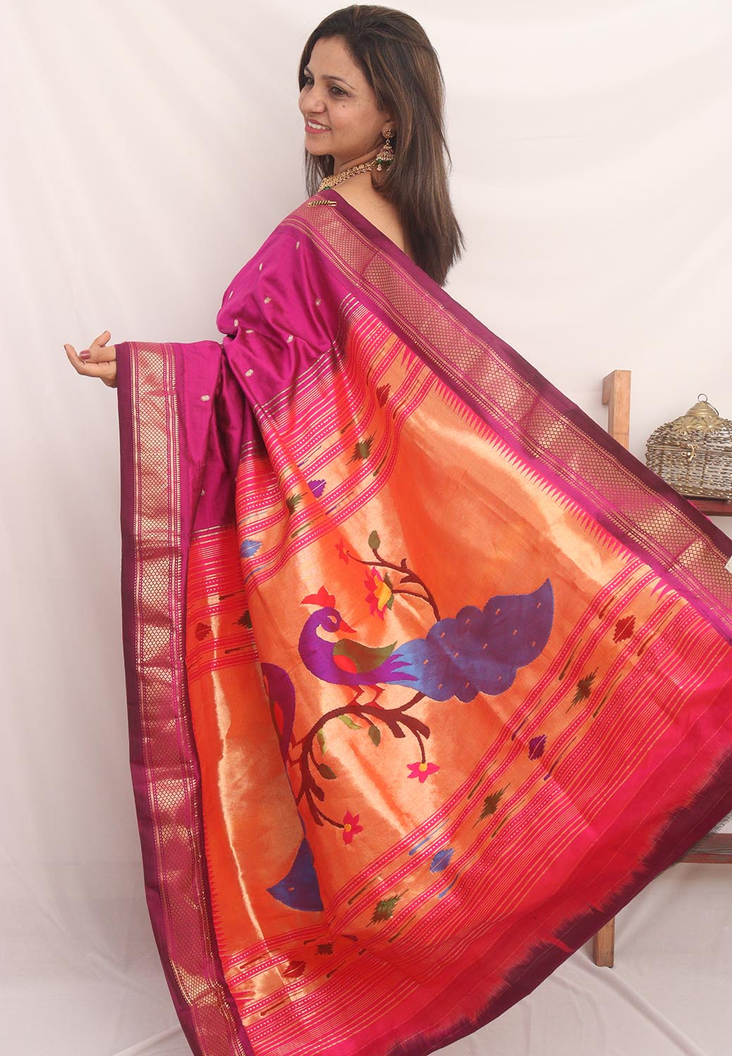Purple Handloom Paithani Pure Silk Triple Muniya Border Peacock And Floral Design Saree
