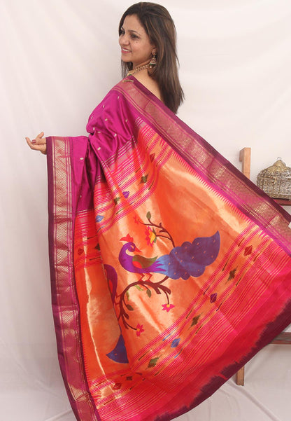Purple Handloom Paithani Pure Silk Triple Muniya Border Peacock And Floral Design Saree - Luxurion World