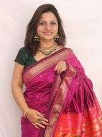 Purple Handloom Paithani Pure Silk Triple Muniya Border Peacock And Floral Design Saree - Luxurion World