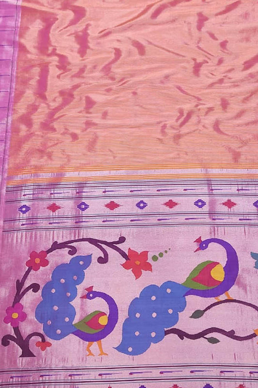Pink Paithani Handloom Pure Silk Single Muniya Border Peacock Design Saree - Luxurion World