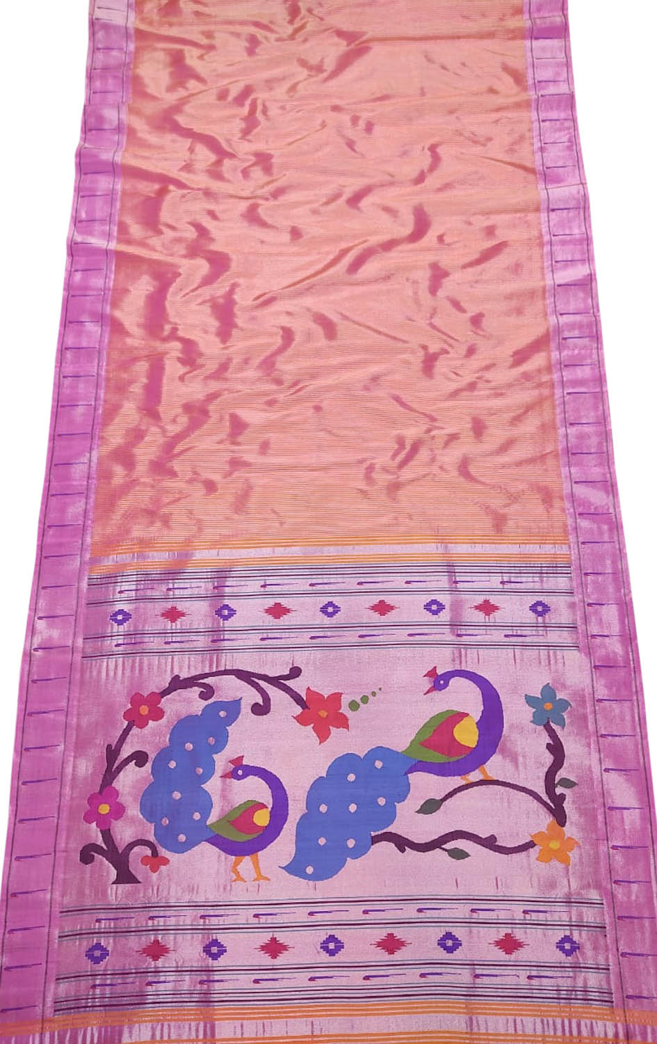 Pink Paithani Handloom Pure Silk Single Muniya Border Peacock Design Saree - Luxurion World