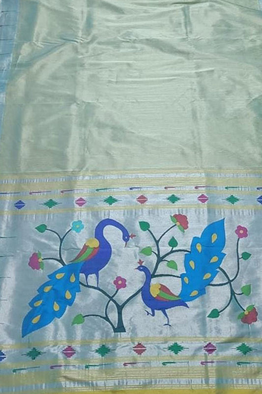 Multicolor Paithani Handloom Pure Silk Single Muniya Border Peacock Design Saree - Luxurion World