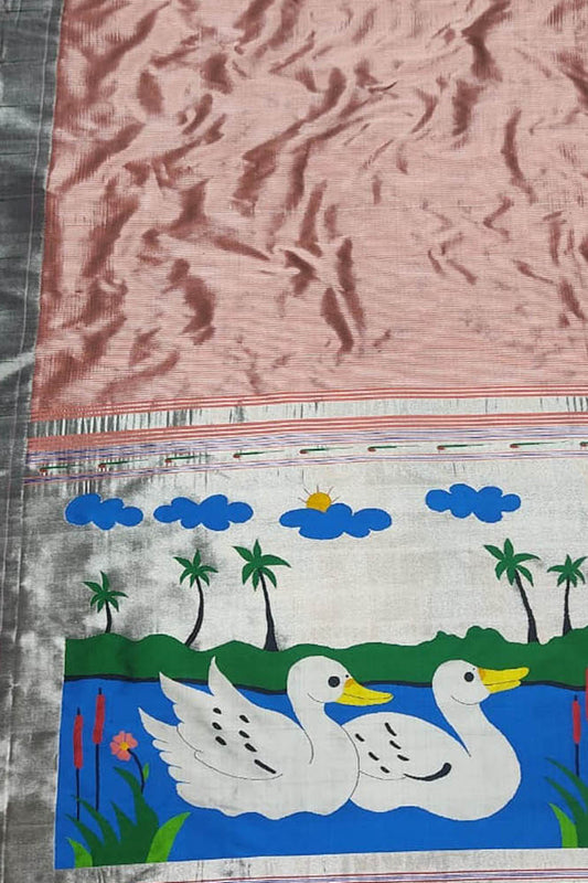 Pink Paithani Handloom Pure Silk Single Muniya Border Saree - Luxurion World