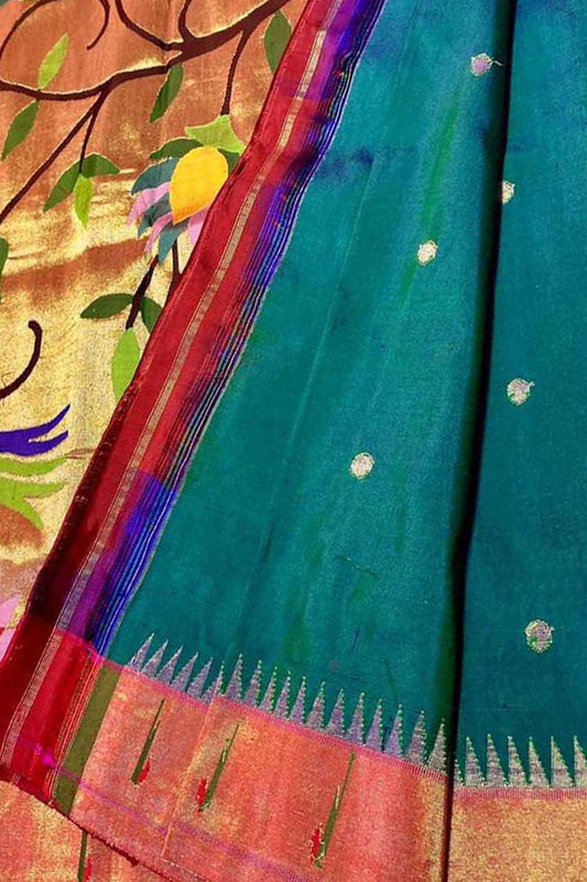 Green Paithani Handloom Pure Silk Single Muniya Border Saree - Luxurion World