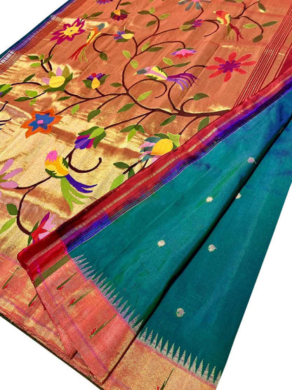 Green Paithani Handloom Pure Silk Single Muniya Border Saree - Luxurion World