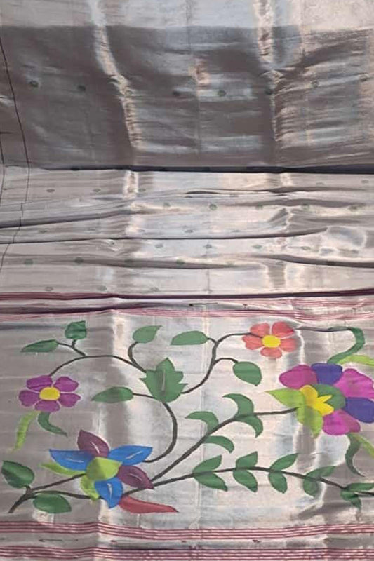 Silver Paithani Handloom Pure Silk Single Muniya Border Flower Design Saree - Luxurion World