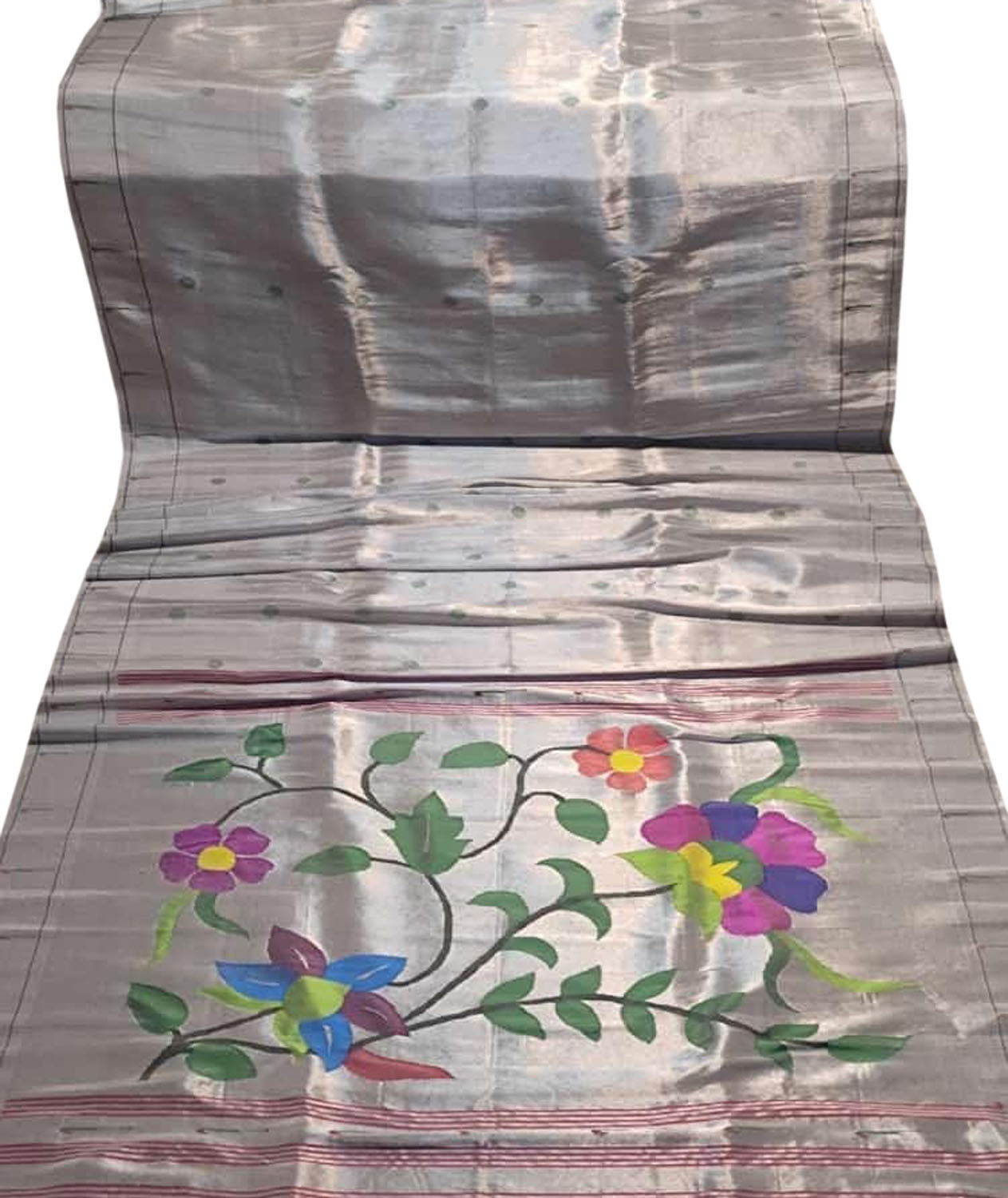 Silver Paithani Handloom Pure Silk Single Muniya Border Flower Design Saree - Luxurion World