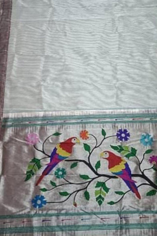 Pastel Paithani Handloom Pure Silk Single Muniya Border Bird Design Saree - Luxurion World