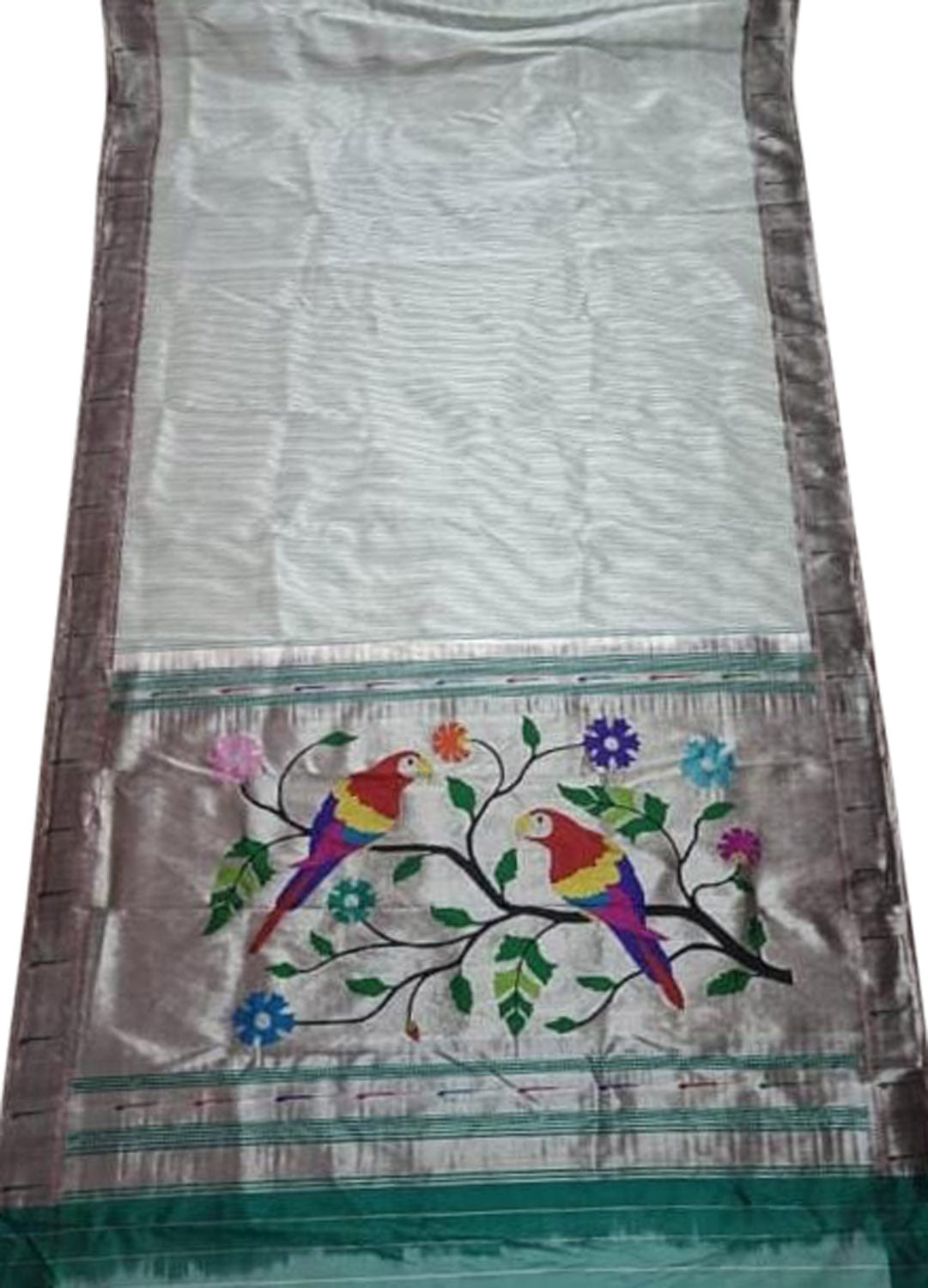 Pastel Paithani Handloom Pure Silk Single Muniya Border Bird Design Saree - Luxurion World