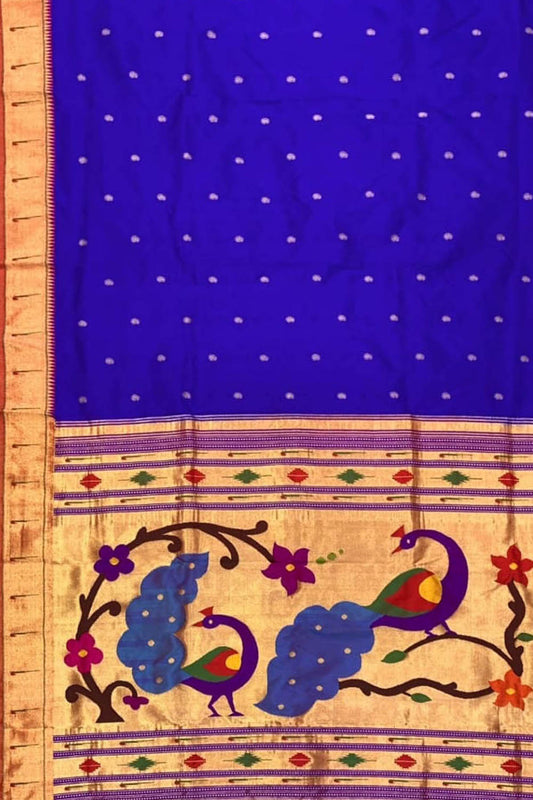 Blue Paithani Handloom Pure Silk Single Muniya Border Peacock Design Saree - Luxurion World