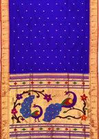 Blue Paithani Handloom Pure Silk Single Muniya Border Peacock Design Saree - Luxurion World