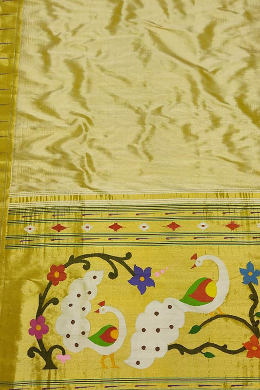 Yellow Paithani Handloom Pure Silk Single Muniya Border Saree - Luxurion World