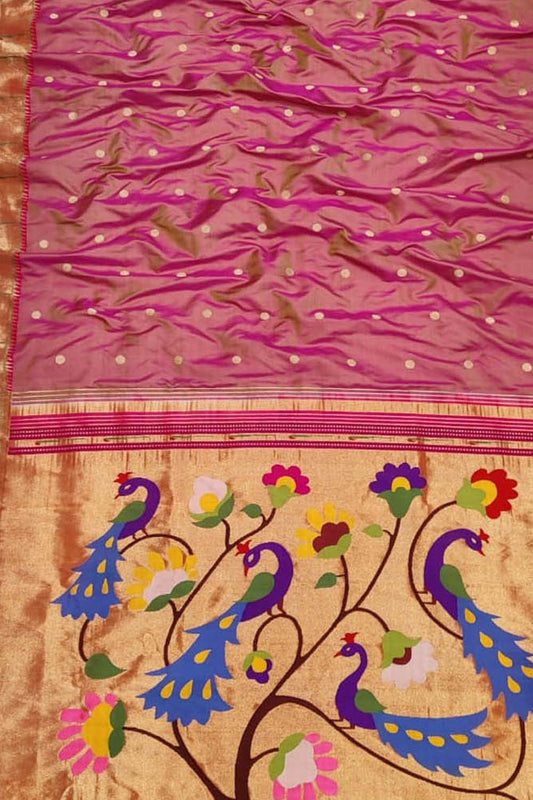 Pink Paithani Handloom Pure Silk Single Muniya Border Peacock Design Saree - Luxurion World