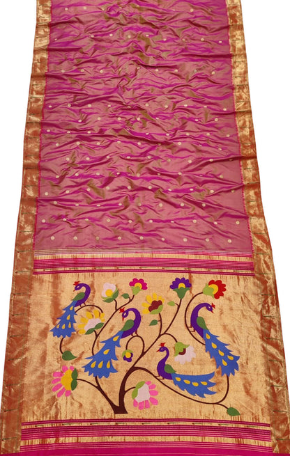 Pink Paithani Handloom Pure Silk Single Muniya Border Peacock Design Saree - Luxurion World