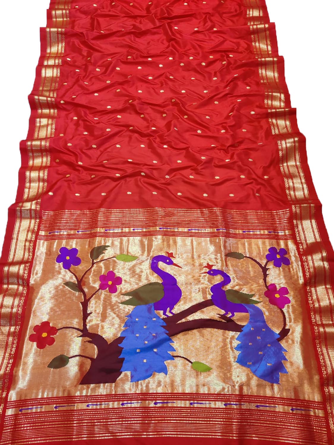 Red Paithani Handloom Pure Silk Peacock Design Saree - Luxurion World