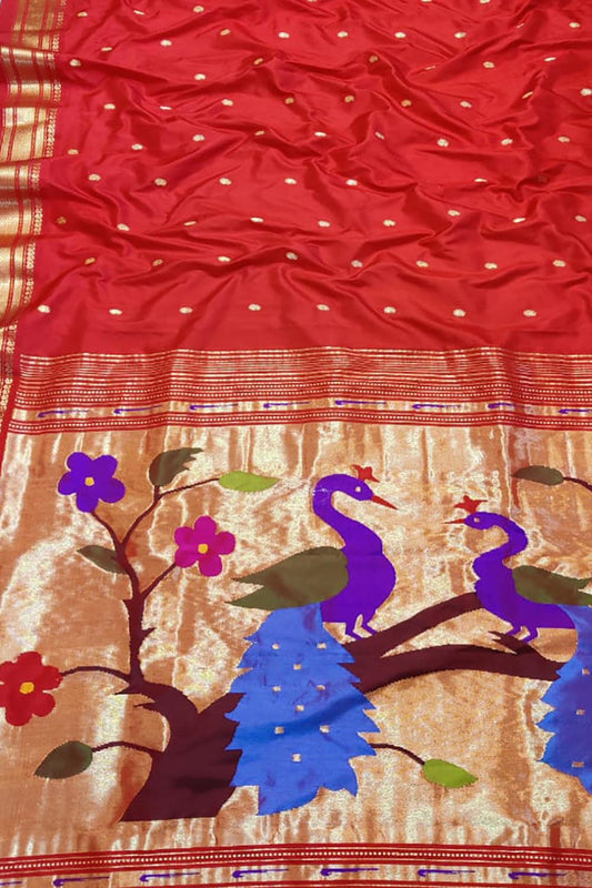 Red Paithani Handloom Pure Silk Peacock Design Saree - Luxurion World