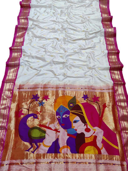 Off White Paithani Handloom Pure Silk Radha Krishna Design Saree - Luxurion World