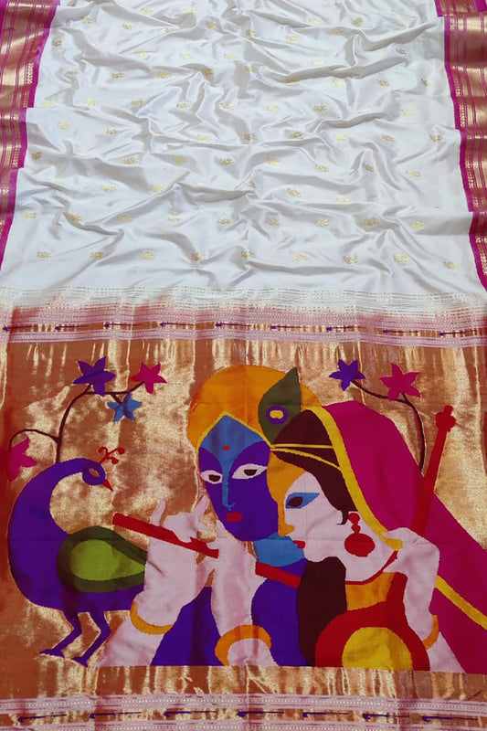 Off White Paithani Handloom Pure Silk Radha Krishna Design Saree - Luxurion World