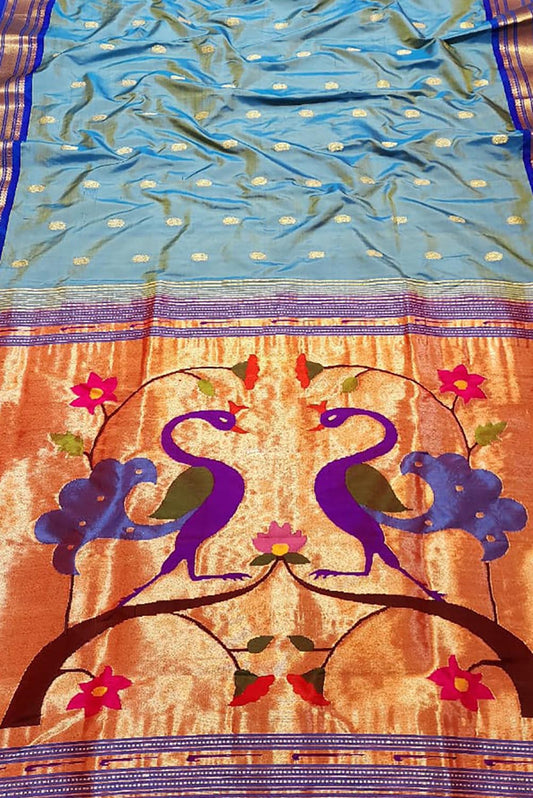 Blue Paithani Handloom Pure Silk Peacock DesignSaree - Luxurion World