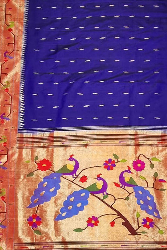 Blue Paithani Handloom Pure Silk Peacock Design Triple Muniya Border Saree - Luxurion World