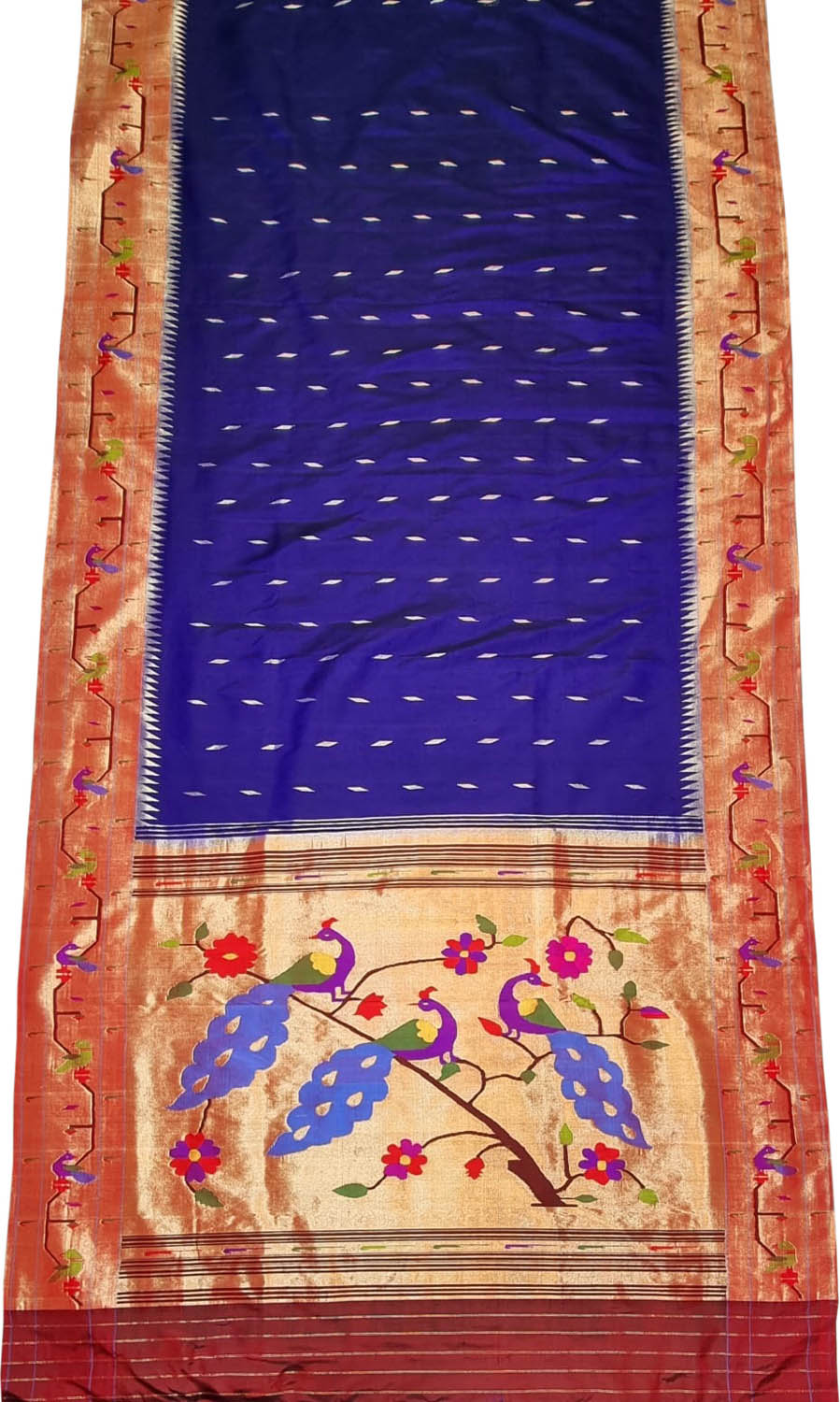 Blue Paithani Handloom Pure Silk Peacock Design Triple Muniya Border Saree - Luxurion World