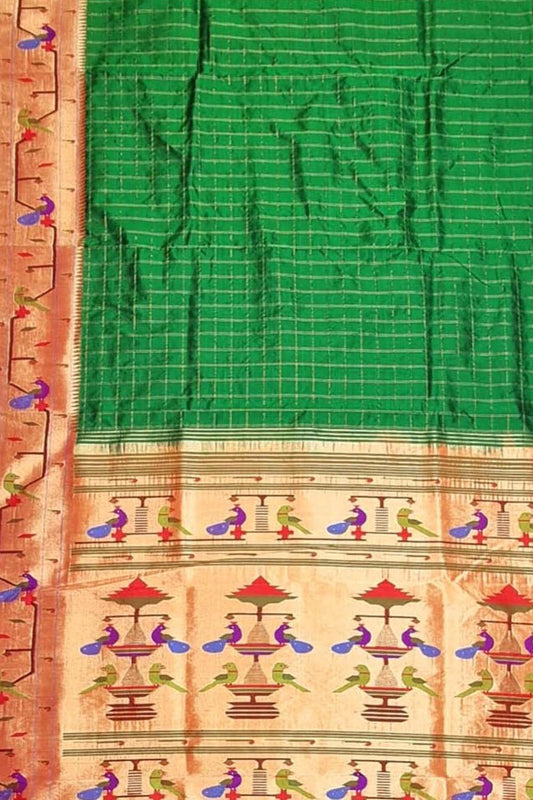 Green Paithani Handloom Pure Silk Peacock Design Triple Muniya Border Saree - Luxurion World