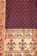 Brown Paithani Handloom Pure Silk Peacock Design Triple Muniya Border Saree - Luxurion World