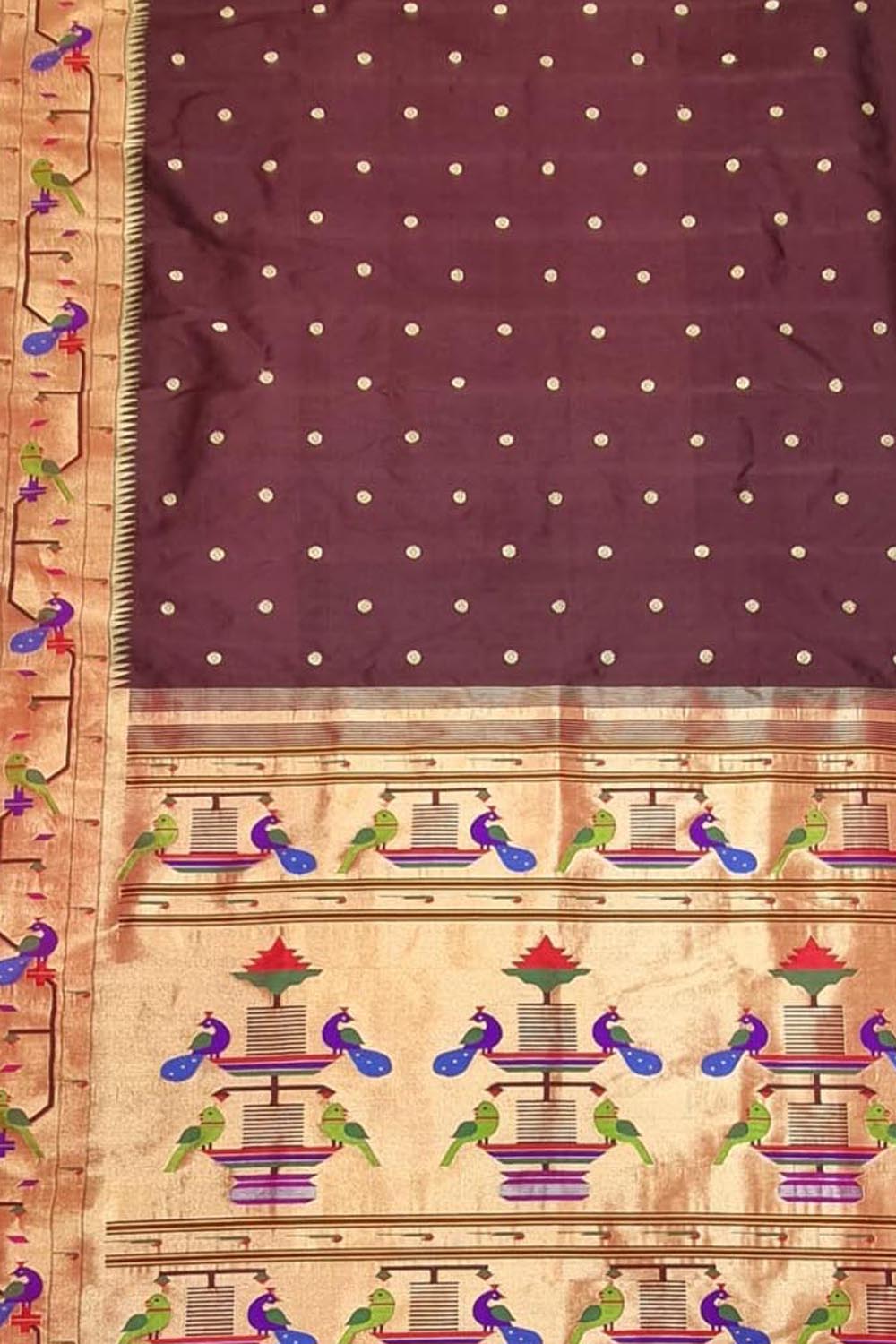 Brown Paithani Handloom Pure Silk Peacock Design Triple Muniya Border Saree - Luxurion World
