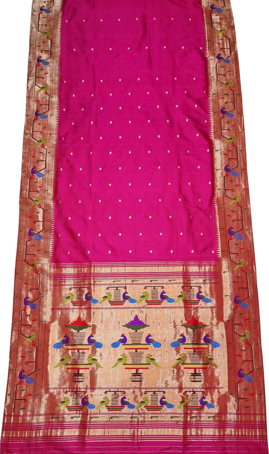 Pink Paithani Handloom Pure Silk Peacock Design Triple Muniya Border Saree - Luxurion World