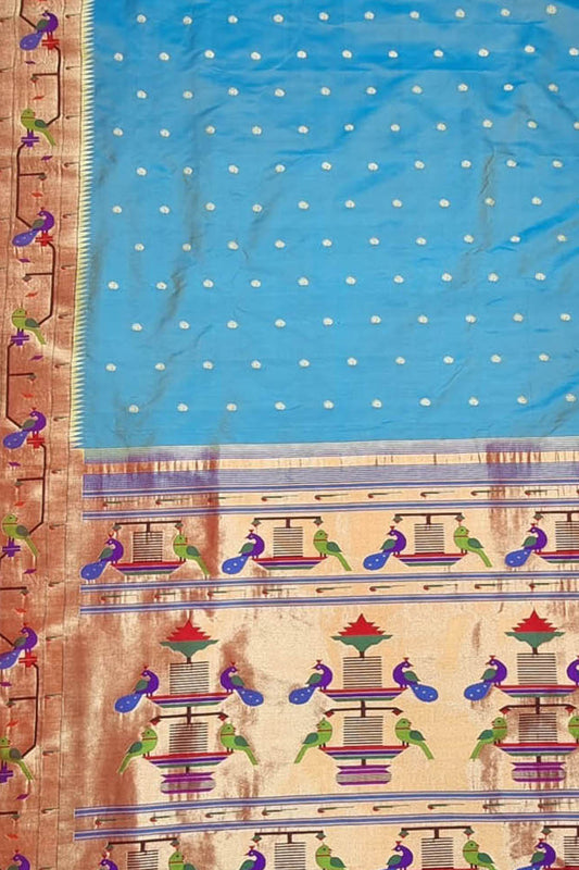 Blue Paithani Handloom Pure Silk Peacock Design Triple Muniya Border Saree - Luxurion World