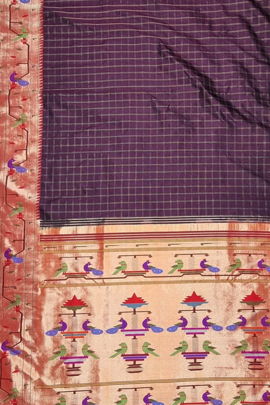 Brown Paithani Handloom Pure Silk Peacock Design Triple Muniya Border Saree - Luxurion World