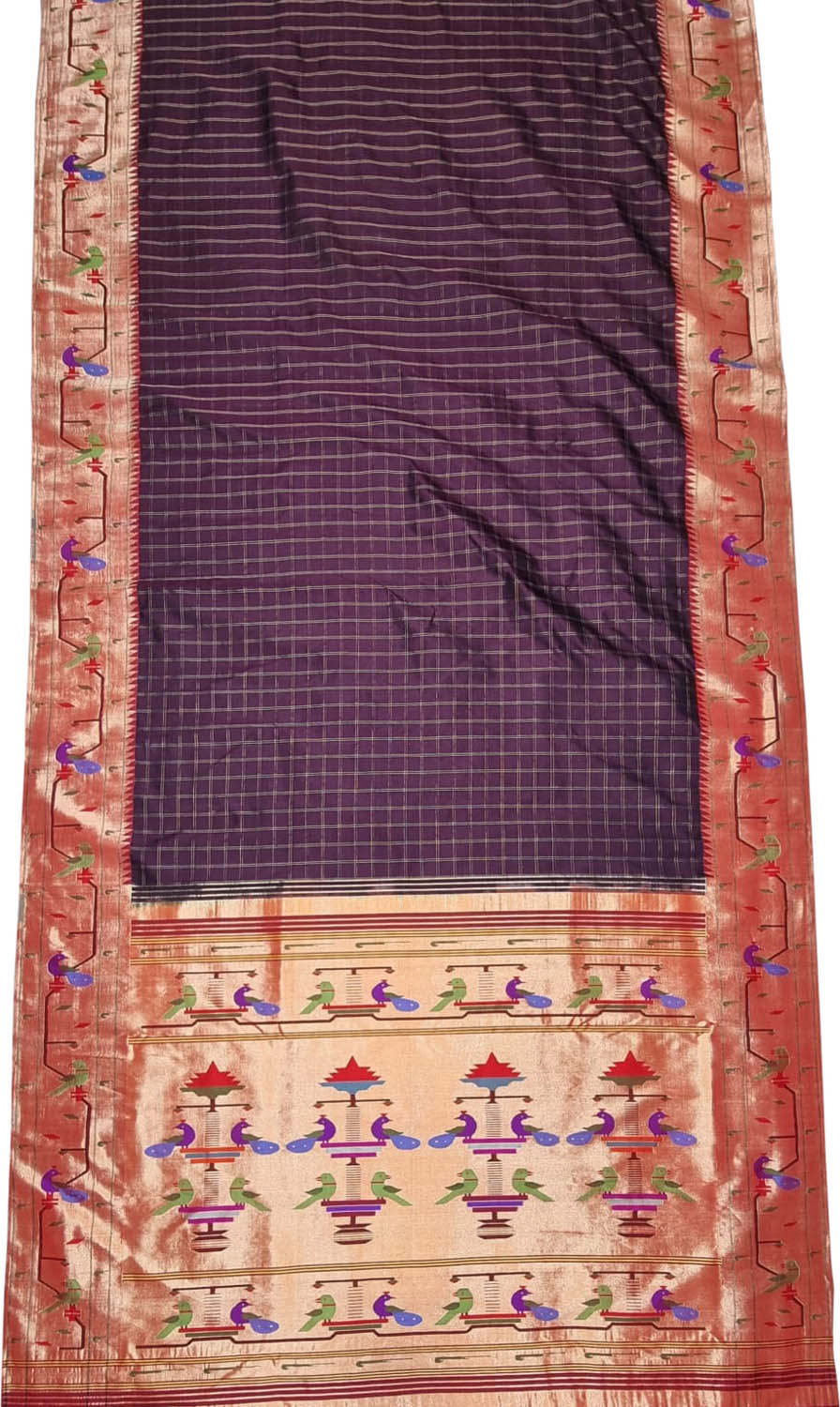 Brown Paithani Handloom Pure Silk Peacock Design Triple Muniya Border Saree - Luxurion World