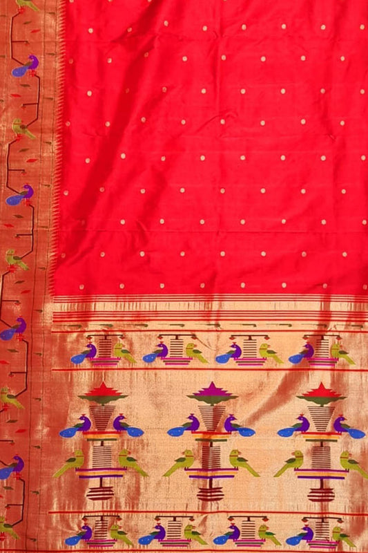 Red Paithani Handloom Pure Silk Peacock Design Triple Muniya Border Saree - Luxurion World