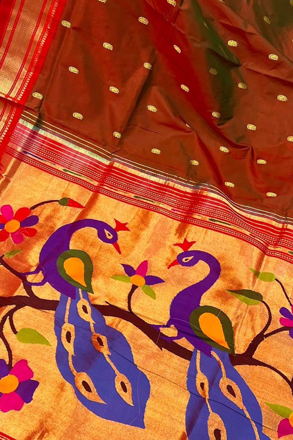 Maroon Paithani Handloom Pure Silk Peacock Design Saree - Luxurion World