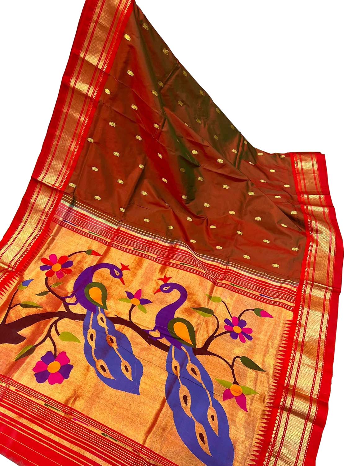 Maroon Paithani Handloom Pure Silk Peacock Design Saree - Luxurion World