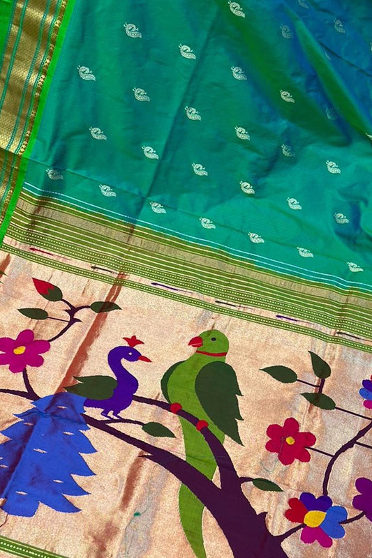 Blue And Green Paithani Handloom Pure Silk Bird Design Saree