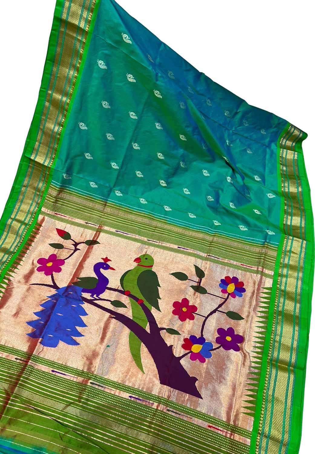 Blue And Green Paithani Handloom Pure Silk Bird Design Saree - Luxurion World