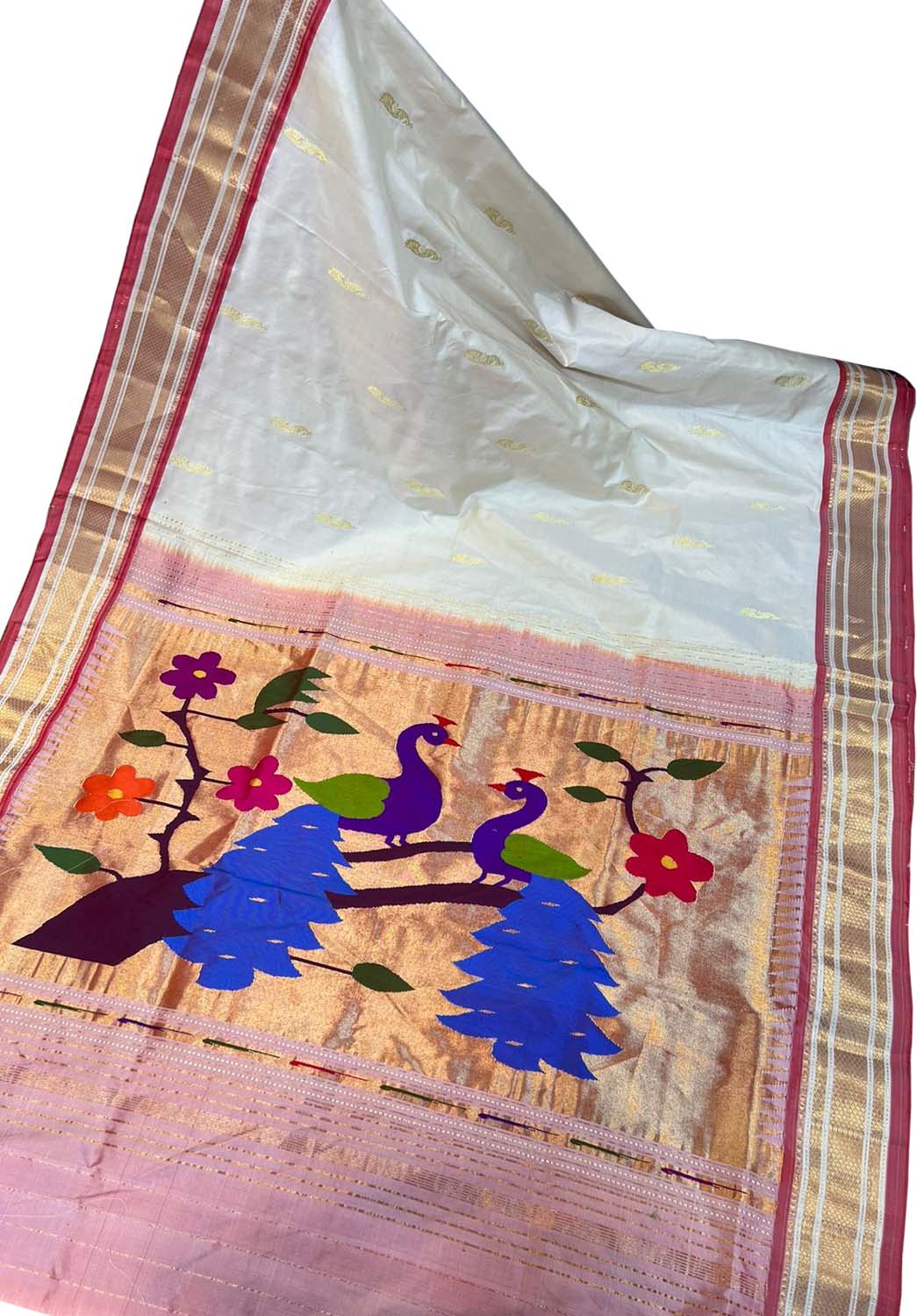 Off White Paithani Handloom Pure Silk Peacock Design Saree - Luxurion World