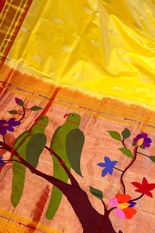 Yellow Paithani Handloom Pure Silk Parrot Design Saree - Luxurion World